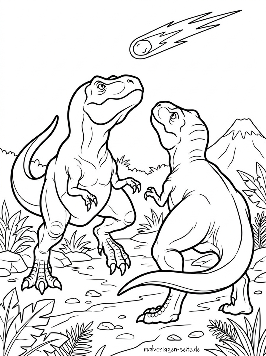 Malvorlage Dinosaurier und Komet Zwei Dinosaurier stehen in einer prähistorischen Landschaft mit Pflanzen und einem Vulkan auf ihren Hinterbeinen und blicken zu einem Meteor hinauf, der über den Himmel schießt – eine perfekte „Malvorlage Dinosaurier und Komet“-Szene.