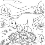 Malvorlage Dinosaurier Nester mit jungen Dinos Ein Dinosaurier steht neben einem Nest mit vier neugeborenen Dinosaurierbabys, umgeben von Gras, Bäumen, Sträuchern und fernen Hügeln unter einem teilweise bewölkten Himmel – eine bezaubernde Malvorlage „Dinosaurier-Nester mit jungen Dinos“, die sich perfekt zum Ausmalen eignet.