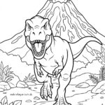 Malvorlage Dinosaurier vor Vulkan - Vulkanausbruch Ein brüllender T-Rex steht vor einem ausbrechenden Vulkan, umgeben von Felsen, Pflanzen und Bergen in einer dramatischen prähistorischen Landschaft („Malvorlage Dinosaurier vor Vulkan“).