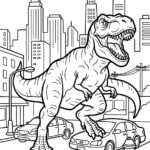 Malvorlage T-Rex Dinosaurier in der Großstadt Ein brüllender T-Rex stampft durch eine Stadtstraße, im Hintergrund sind hohe Wolkenkratzer, Autos, Stromleitungen und ein Hydrant zu sehen – eine perfekte Szene aus der Malvorlage „Dinosaurier in der Großstadt“.