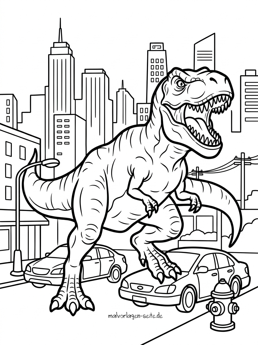 Malvorlage Dinosaurier in der Großstadt Ein brüllender T-Rex stampft durch eine Stadtstraße, im Hintergrund sind hohe Wolkenkratzer, Autos, Stromleitungen und ein Hydrant zu sehen – eine perfekte Szene aus der Malvorlage „Dinosaurier in der Großstadt“.
