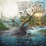 Evolution – vom ersten Leben bis zum Menschen einfach erklärt Eine detaillierte Illustration des Stammbaums des Lebens zeigt die Evolution vom Wasserleben an der Basis bis hin zu vielfältigen Tieren und Menschen an den Zweigen, wobei der Übergang von prähistorischen zu modernen Arten dargestellt wird – mit beschrifteten Gruppen und einer vulkanischen Basis. Diese Illustration eignet sich perfekt für „Evolution einfach erklärt für Kinder“, da sie jungen Lernenden komplexe Konzepte leicht verständlich macht.