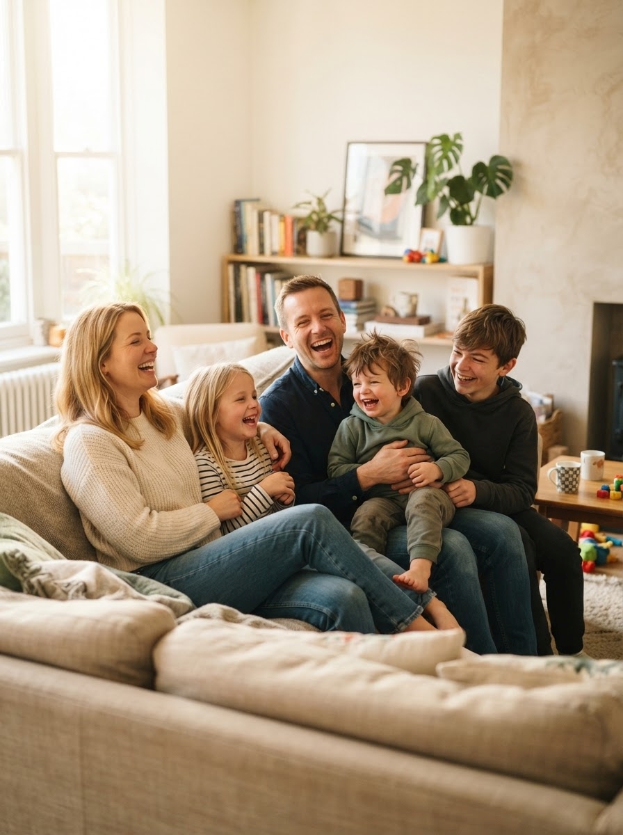 Moderne Familie im Wandel Eine fünfköpfige Familie – zwei Erwachsene und drei Kinder – sitzt auf einem beigen Sofa in einem gemütlichen, sonnendurchfluteten Wohnzimmer und lacht gemeinsam. Ganz im Sinne des Themas „Familie im Wandel: Moderne Lebensmodelle“ spielt sich dieser fröhliche Moment inmitten von Spielzeug und Regalen ab, hinter denen Bücher und Pflanzen zu sehen sind.