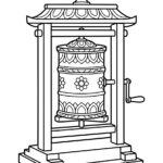 Malvorlage Gebetsmühle - Buddhismus Schwarz-weiße Strichzeichnung einer traditionellen tibetischen Gebetsmühle (Malvorlage Gebetsmühle – Buddhismus) auf einem Sockel, verziert mit kunstvollen Mustern und einem Griff an der Seite, das Ganze unter einem kleinen pagodenartigen Dach.