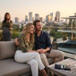 Geld allein macht nicht glücklich und Neid hilft nicht Ein lächelndes Paar sitzt bei Sonnenuntergang eng beieinander auf einer Dachterrasse, im Hintergrund die Skyline der Stadt. Während eine weitere Person vorbeigeht und zwei Gläser Weißwein vor ihnen auf dem Tisch stehen, scheinen ihre fröhlichen Gesichter zu sagen: Geld allein macht nicht glücklich – wahres Glück entsteht in Momenten wie diesen.
