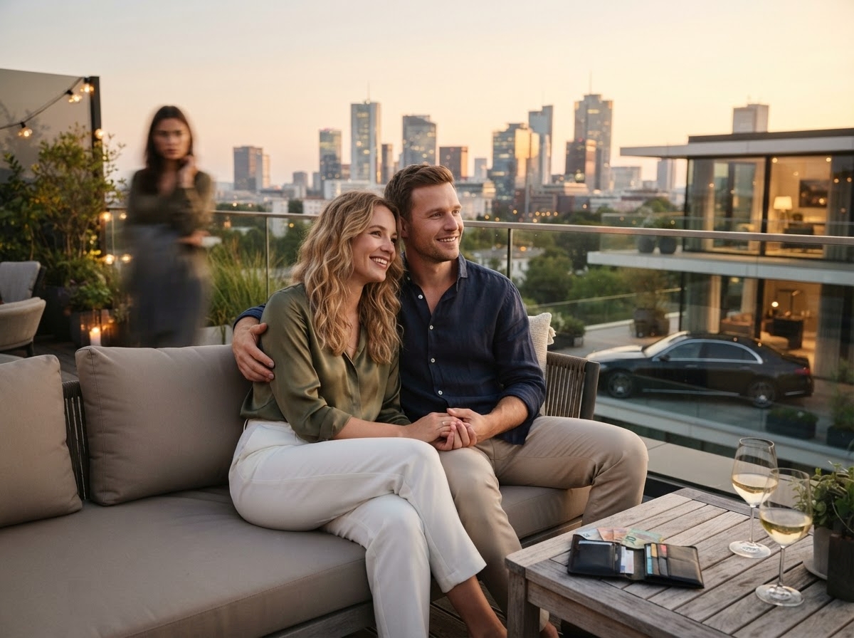 Geld allein macht nicht glücklich Ein lächelndes Paar sitzt bei Sonnenuntergang eng beieinander auf einer Dachterrasse, im Hintergrund die Skyline der Stadt. Während eine weitere Person vorbeigeht und zwei Gläser Weißwein vor ihnen auf dem Tisch stehen, scheinen ihre fröhlichen Gesichter zu sagen: Geld allein macht nicht glücklich – wahres Glück entsteht in Momenten wie diesen.
