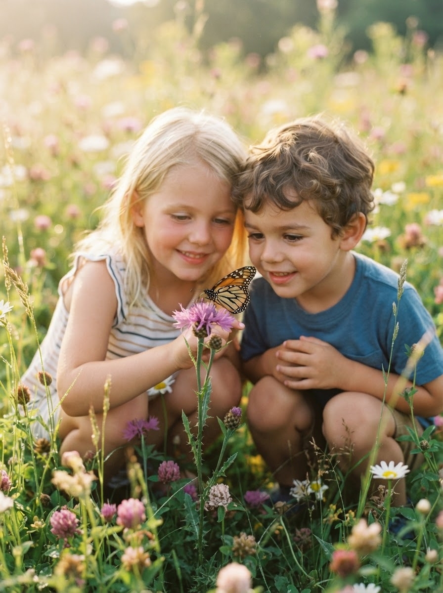 Insekten von A bis Z Zwei kleine Kinder hocken auf einer blumenreichen Wiese und beobachten lächelnd einen Schmetterling, der im Sonnenlicht auf einer rosa Blüte sitzt – ein perfekter Moment des Staunens aus der Welt von „Insekten von A bis Z“.
