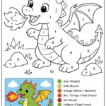 Malen nach Zahlen - Drache Malen-nach-Zahlen-Vorlage eines niedlichen, feuerspeienden Drachen, wobei jeder Bereich mit einer Nummer gekennzeichnet ist. Eine kleine farbige Abbildung unten zeigt den Drachen in Grün, mit gelbem Bauch und gelben Flügeln sowie einer orangeroten Flamme.
