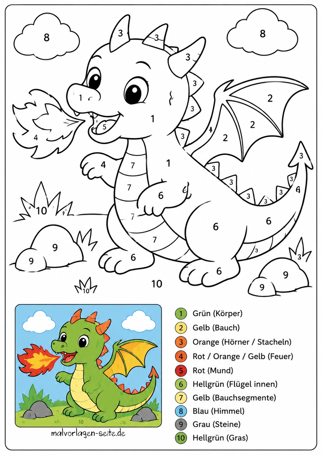 Malen nach Zahlen - Drache Malen-nach-Zahlen-Vorlage eines niedlichen, feuerspeienden Drachen, wobei jeder Bereich mit einer Nummer gekennzeichnet ist. Eine kleine farbige Abbildung unten zeigt den Drachen in Grün, mit gelbem Bauch und gelben Flügeln sowie einer orangeroten Flamme.