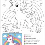 Malen nach Zahlen Einhorn Einhorn-Bild zum Ausmalen nach Zahlen mit einem Regenbogen und Blumen. Jeder Bereich ist mit einer Zahl gekennzeichnet, und unten befindet sich eine Farblegende mit deutschen Begriffen. Diese Seite ist perfekt für Fans von „Malen nach Zahlen – Einhorn“ und enthält außerdem ein kleines, bereits ausgemaltes Beispiel in der unteren linken Ecke.