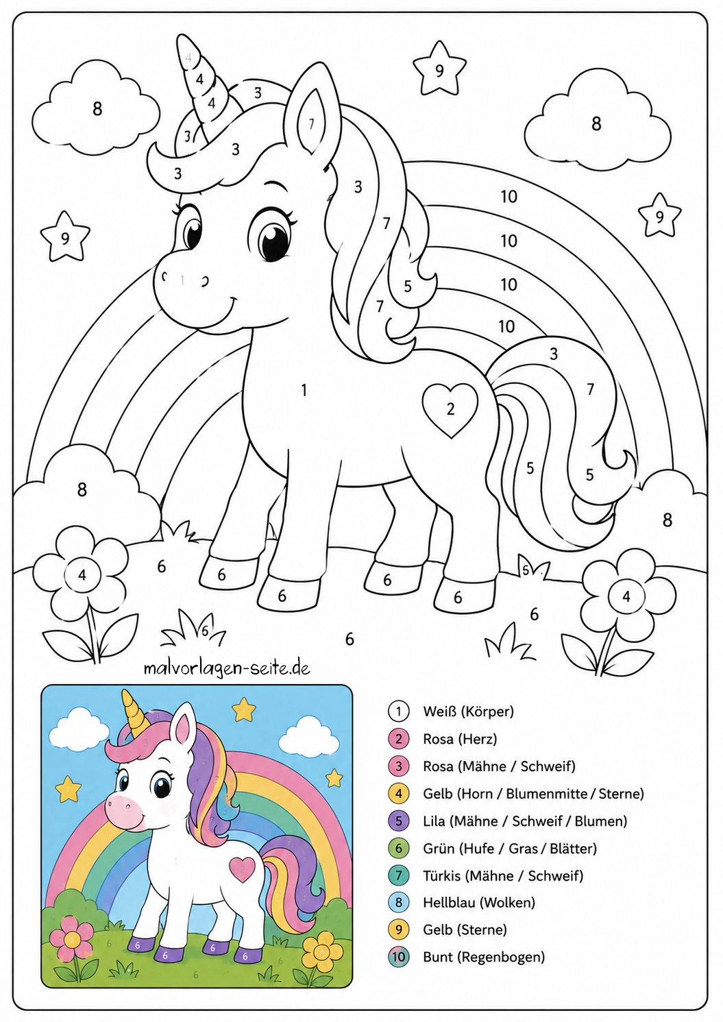 Malen nach Zahlen - Einhorn Einhorn-Bild zum Ausmalen nach Zahlen mit einem Regenbogen und Blumen. Jeder Bereich ist mit einer Zahl gekennzeichnet, und unten befindet sich eine Farblegende mit deutschen Begriffen. Diese Seite ist perfekt für Fans von „Malen nach Zahlen – Einhorn“ und enthält außerdem ein kleines, bereits ausgemaltes Beispiel in der unteren linken Ecke.