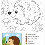 Malen nach Zahlen - Igel Ein „Malen nach Zahlen“-Motiv mit einem niedlichen Igel, komplett mit einer Farbtabelle für Beige, Schwarz, Braun, Rot, Grün, Hellgrün, Hellbraun und Hellblau. In der Ecke ist ein ausgemaltes Beispiel abgebildet, das Ihnen als Anregung für Ihre Kreativität dienen soll.
