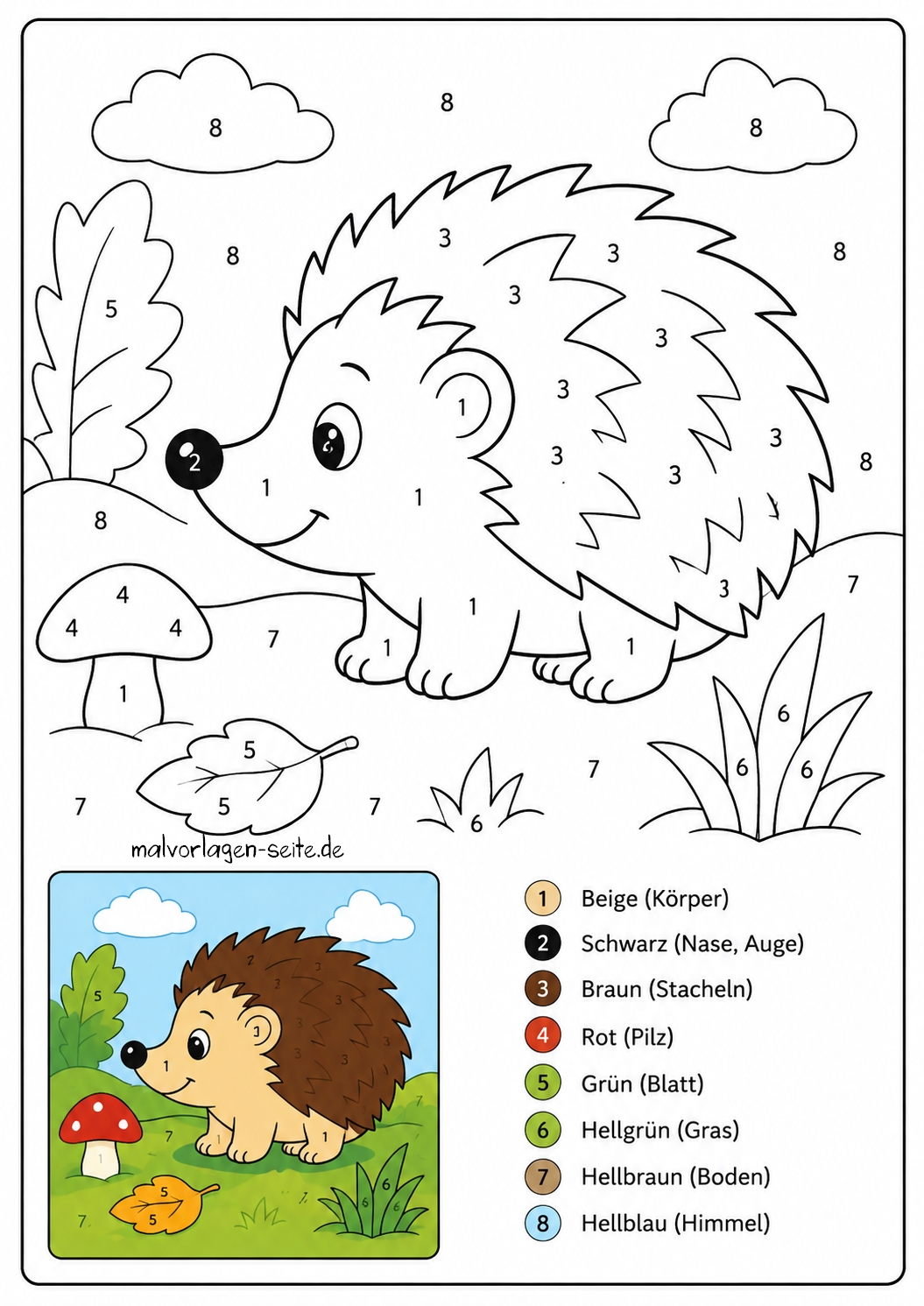 Malen nach Zahlen - Igel Ein „Malen nach Zahlen“-Motiv mit einem niedlichen Igel, komplett mit einer Farbtabelle für Beige, Schwarz, Braun, Rot, Grün, Hellgrün, Hellbraun und Hellblau. In der Ecke ist ein ausgemaltes Beispiel abgebildet, das Ihnen als Anregung für Ihre Kreativität dienen soll.