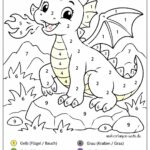 Malen nach Zahlen für Kinder - Drache Ein fröhlicher Comic-Drache sitzt in einer Landschaft mit Bergen, Felsen und Wolken. Der Drache speit Feuer und ist mit einer „Malen nach Zahlen“-Legende für verschiedene Körperteile und Hintergrundelemente versehen – perfekt für Fans von „Malen nach Zahlen für Kinder – Drache“.