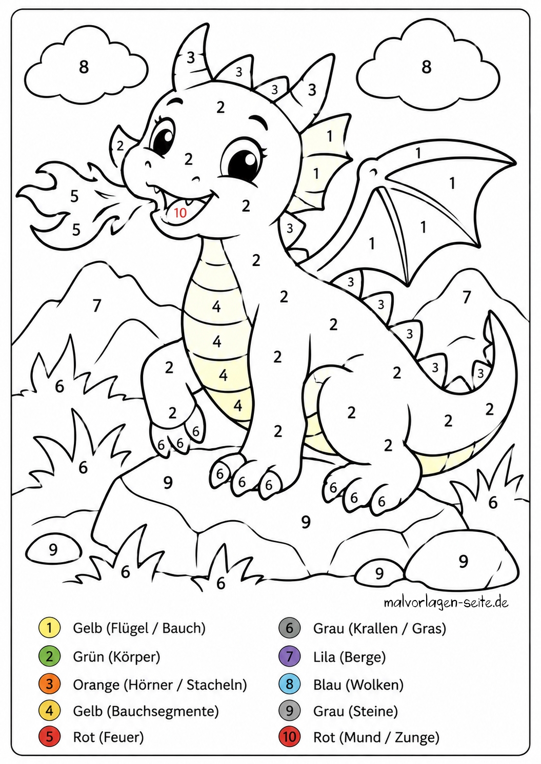 Ein fröhlicher Comic-Drache sitzt in einer Landschaft mit Bergen, Felsen und Wolken. Der Drache speit Feuer und ist mit einer „Malen nach Zahlen“-Legende für verschiedene Körperteile und Hintergrundelemente versehen – perfekt für Fans von „Malen nach Zahlen für Kinder – Drache“.