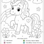 Malen nach Zahlen für Kinder - Einhorn Malvorlage eines Einhorns mit „Malen nach Zahlen“-Anleitung – Malen nach Zahlen für Kinder – Einhorn. Auf seinem Körper sind Zahlen zu sehen; das fröhliche Einhorn lächelt und steht im Freien inmitten eines Regenbogens, von Wolken, Blumen und Gras. Unten befindet sich eine Farblegende zur einfachen Orientierung.