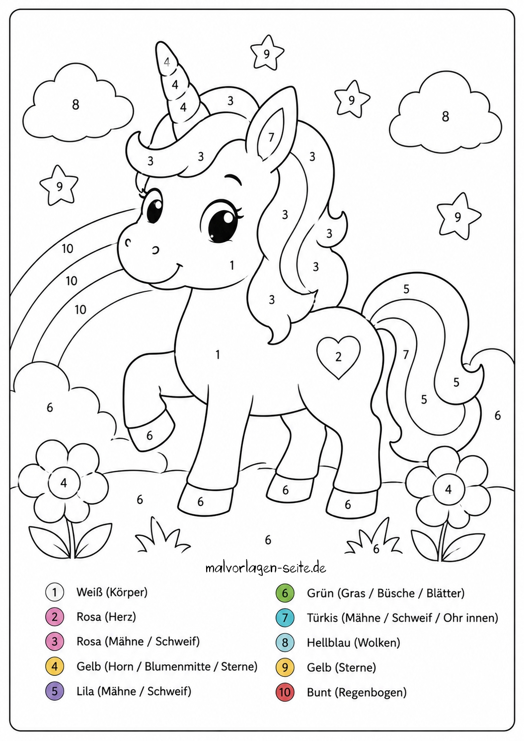 Malen nach Zahlen für Kinder - Einhorn Malvorlage eines Einhorns mit „Malen nach Zahlen“-Anleitung – Malen nach Zahlen für Kinder – Einhorn. Auf seinem Körper sind Zahlen zu sehen; das fröhliche Einhorn lächelt und steht im Freien inmitten eines Regenbogens, von Wolken, Blumen und Gras. Unten befindet sich eine Farblegende zur einfachen Orientierung.
