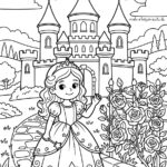 Malvorlage Prinzessin Eine Prinzessin in einem Abendkleid winkt, während sie neben einem Rosenstrauch auf einem Steinweg steht; im Hintergrund sind ein Schloss, Hügel und Bäume zu sehen, über ihnen strahlt die Sonne.