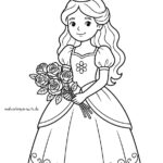 Malvorlage Prinzessin Eine Prinzessin mit Krone und langem Kleid hält einen Strauß Rosen in der Hand und lächelt sanft. Das Bild ist eine schwarz-weiße Malvorlage, die sich perfekt als „Malvorlage Prinzessin“ für Kinder eignet.
