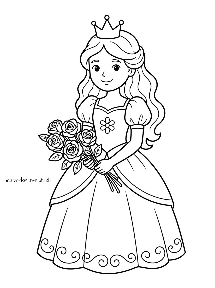 Malvorlage Prinzessin Eine Prinzessin mit Krone und langem Kleid hält einen Strauß Rosen in der Hand und lächelt sanft. Das Bild ist eine schwarz-weiße Malvorlage, die sich perfekt als „Malvorlage Prinzessin“ für Kinder eignet.
