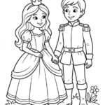 Malvorlage Prinzessin und Prinz Eine Prinzessin und ein Prinz stehen Hand in Hand da und lächeln einander an. Sie tragen Kronen und festliche Kleidung und sind von kleinen Blumen und Gras umgeben. Das Bild ist eine bezaubernde Schwarz-Weiß-Malvorlage „Prinzessin und Prinz“ zum Ausmalen.