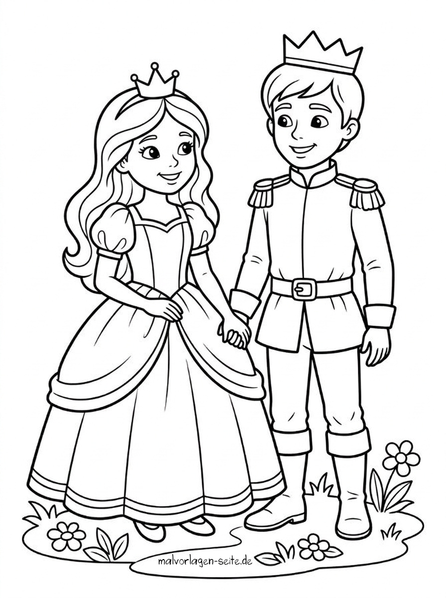 Malvorlage Prinzessin und Prinz Eine Prinzessin und ein Prinz stehen Hand in Hand da und lächeln einander an. Sie tragen Kronen und festliche Kleidung und sind von kleinen Blumen und Gras umgeben. Das Bild ist eine bezaubernde Schwarz-Weiß-Malvorlage „Prinzessin und Prinz“ zum Ausmalen.