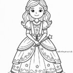 Malvorlage Prinzessin Schwarz-Weiß-Malvorlage einer Prinzessin, die eine Krone und ein aufwendig verziertes Kleid mit Sternen trägt, einen Zauberstab in der Hand hält und lächelt.