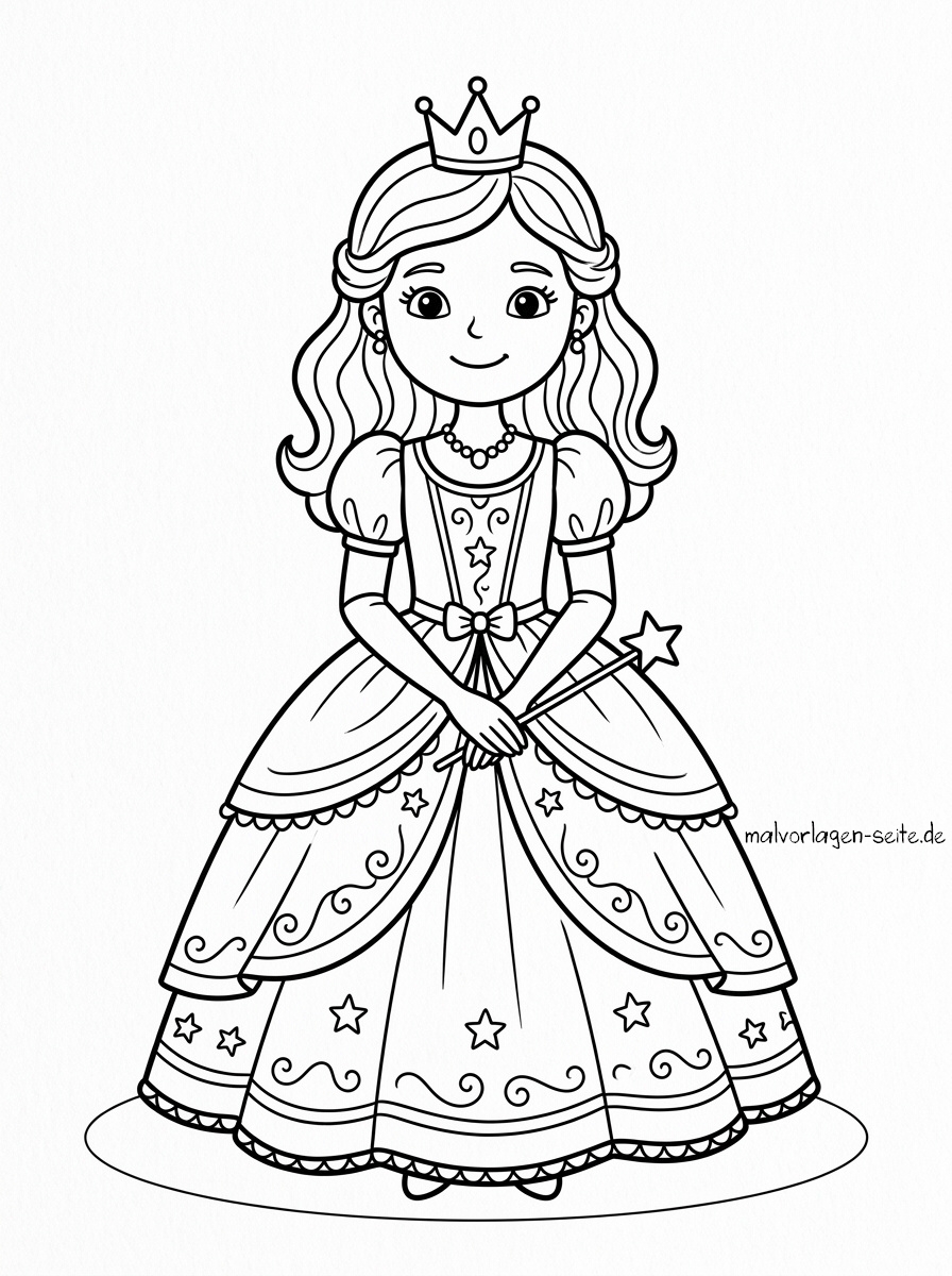 Malvorlage Prinzessin Schwarz-Weiß-Malvorlage einer Prinzessin, die eine Krone und ein aufwendig verziertes Kleid mit Sternen trägt, einen Zauberstab in der Hand hält und lächelt.