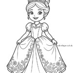Malvorlage Prinzessin Strichzeichnung einer lächelnden Prinzessin mit Krone, Halskette und einem langen, verzierten Kleid mit Herz-, Blumen- und Sternmotiven; in dieser bezaubernden Malvorlage „Prinzessin“ hält sie die Seiten ihres Kleides fest und blickt nach vorne.
