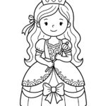 Malvorlage Prinzessin Schwarz-Weiß-Zeichnung einer lächelnden Prinzessin, die eine Krone und ein prächtiges Kleid trägt und ein Zepter in der Hand hält. Sie hat langes Haar mit einer Schleife, und ihr Kleid ist mit aufwendigen Details wie Schleifen und Mustern verziert – perfekt als Malvorlage „Prinzessin“ für Kinder, die gerne schöne königliche Szenen ausmalen.