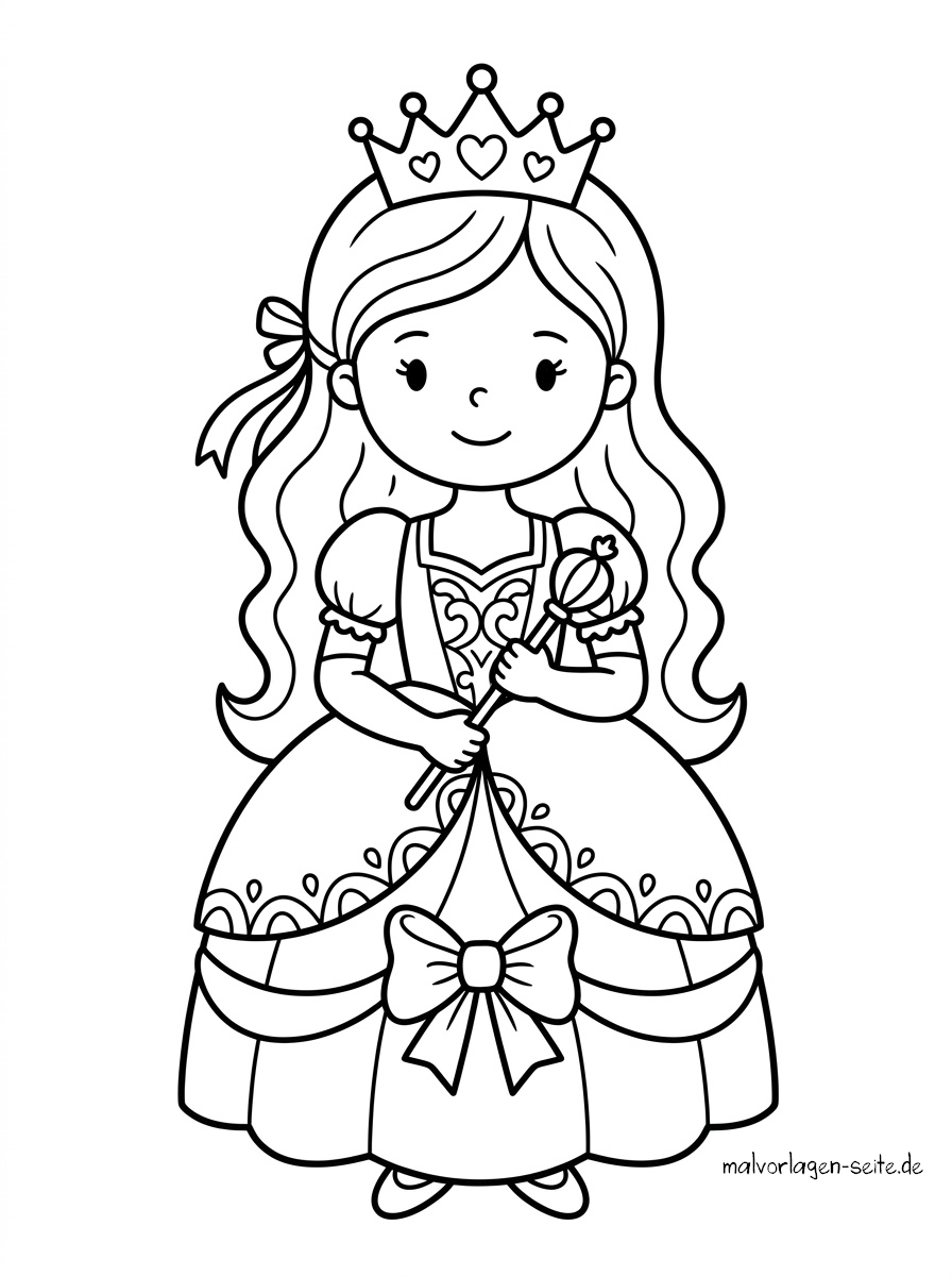 Malvorlage Prinzessin Schwarz-Weiß-Zeichnung einer lächelnden Prinzessin, die eine Krone und ein prächtiges Kleid trägt und ein Zepter in der Hand hält. Sie hat langes Haar mit einer Schleife, und ihr Kleid ist mit aufwendigen Details wie Schleifen und Mustern verziert – perfekt als Malvorlage „Prinzessin“ für Kinder, die gerne schöne königliche Szenen ausmalen.