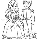 Malvorlage Prinzessin und Prinz Eine Prinzessin mit Blumen in der Hand und ein Prinz stehen nebeneinander und lächeln beide. Sie tragen Kronen und königliche Gewänder und sind von kleinen Blumen auf dem Boden umgeben – perfekt als Malvorlage „Prinzessin und Prinz“ zum Ausmalen für Kinder.