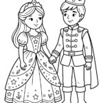 Malvorlage Prinzessin und Prinz Eine Prinzessin und ein Prinz, beide mit Kronen und königlichen Gewändern, halten Händchen und lächeln einander an auf dieser bezaubernden Schwarz-Weiß-Malvorlage „Prinzessin und Prinz“.