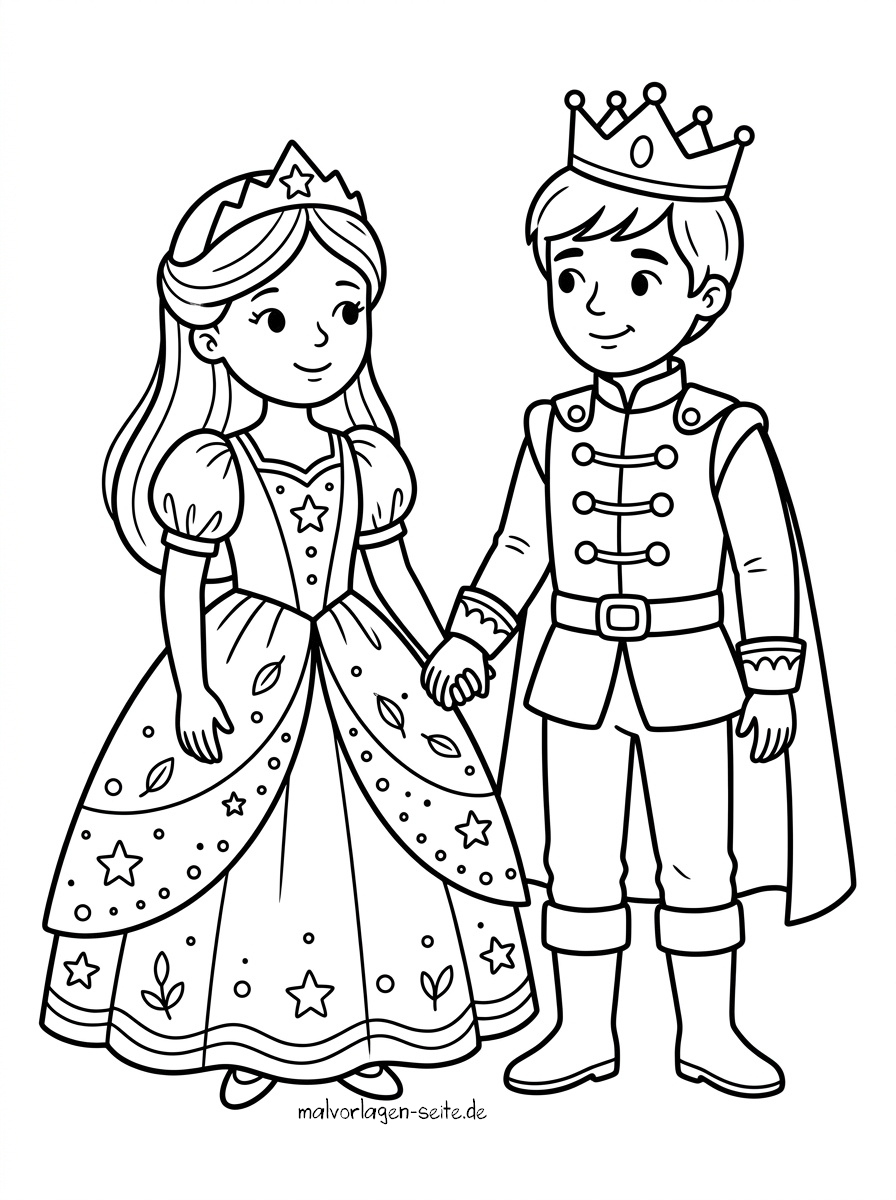 Malvorlage Prinzessin und Prinz Eine Prinzessin und ein Prinz, beide mit Kronen und königlichen Gewändern, halten Händchen und lächeln einander an auf dieser bezaubernden Schwarz-Weiß-Malvorlage „Prinzessin und Prinz“.