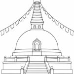 Malvorlage Stupa - Buddhismus Schwarz-weiße Strichzeichnung als Malvorlage: Stupa – Buddhismus, mit einer Treppe, die nach oben führt, darüber aufgehängten Gebetsfahnen und einem gewölbten Eingang an der Kuppel.