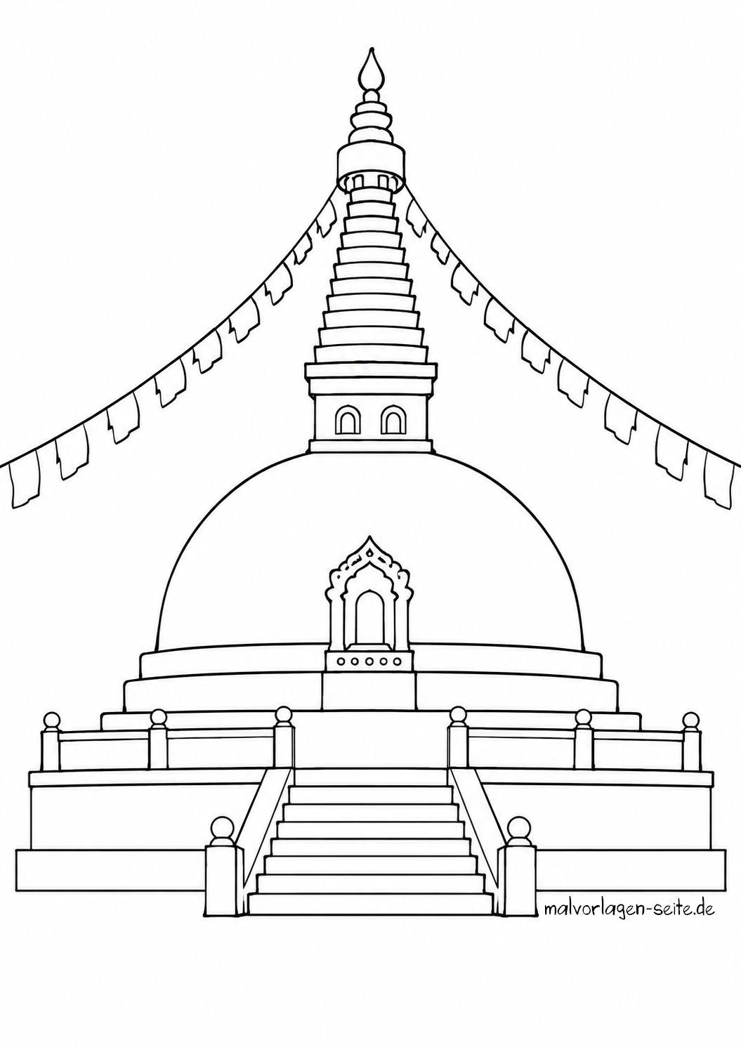 Malvorlage Stupa - Buddhismus Schwarz-weiße Strichzeichnung als Malvorlage: Stupa – Buddhismus, mit einer Treppe, die nach oben führt, darüber aufgehängten Gebetsfahnen und einem gewölbten Eingang an der Kuppel.