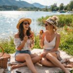 Zitate über Eis & Sommererfrischung Zwei Frauen in Sommerkleidung sitzen auf einer Picknickdecke am See, lächeln und halten Obstdesserts in den Händen. Daneben stehen ein Picknickkorb, eine Wasserflasche und Blumen, im Hintergrund sind Berge und ein blauer Himmel zu sehen.
