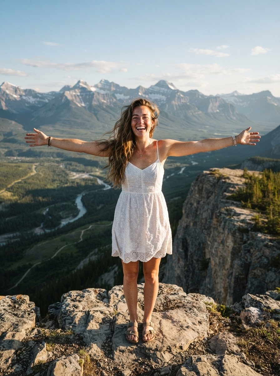 🕊️ Zitate über Freiheit & Unabhängigkeit Eine Frau in einem weißen Sommerkleid steht mit ausgestreckten Armen auf einer felsigen Klippe und lächelt, während sie unter klarem Himmel auf eine malerische Berglandschaft mit einem Fluss und einem Wald im Tal blickt – ein Sinnbild für den Geist der Zitate über Freiheit und Unabhängigkeit.
