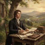 Zitate von Friedrich Rückert Ein Mann in Kleidung aus dem 18. Jahrhundert schreibt mit einer Feder an einem hölzernen Schreibtisch im Freien, umgeben von Büchern und Papieren mit Zitaten von Friedrich Rückert, im Hintergrund eine malerische Landschaft und ein Dorf.