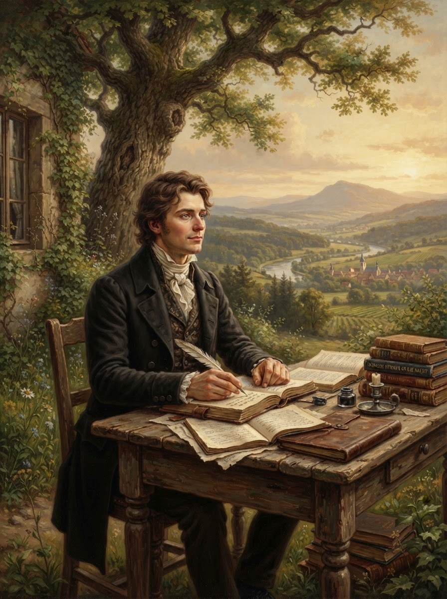 Zitate von Friedrich Rückert Ein Mann in Kleidung aus dem 18. Jahrhundert schreibt mit einer Feder an einem hölzernen Schreibtisch im Freien, umgeben von Büchern und Papieren mit Zitaten von Friedrich Rückert, im Hintergrund eine malerische Landschaft und ein Dorf.