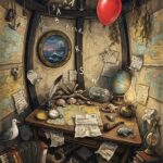 Zitate von Joachim Ringelnatz Ein überfülltes Arbeitszimmer im maritimen Stil mit Landkarten, Notizen, Muscheln und einem Globus auf dem Schreibtisch. ✍️ Zwischen den Buchstaben, die in der Luft wirbeln, sind Zitate von Joachim Ringelnatz hingekritzelt. Über dem Kopf schwebt ein roter Ballon; daneben sitzt eine Möwe, während hinter dem Bullauge ein Sturm tobt.