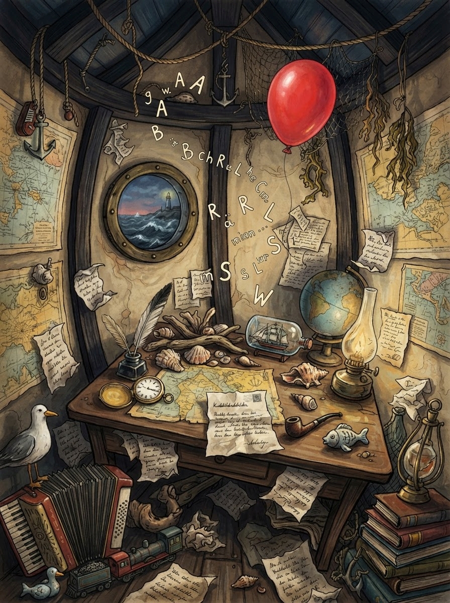 ✍️ Zitate von Joachim Ringelnatz Ein überfülltes Arbeitszimmer im maritimen Stil mit Landkarten, Notizen, Muscheln und einem Globus auf dem Schreibtisch. ✍️ Zwischen den Buchstaben, die in der Luft wirbeln, sind Zitate von Joachim Ringelnatz hingekritzelt. Über dem Kopf schwebt ein roter Ballon; daneben sitzt eine Möwe, während hinter dem Bullauge ein Sturm tobt.