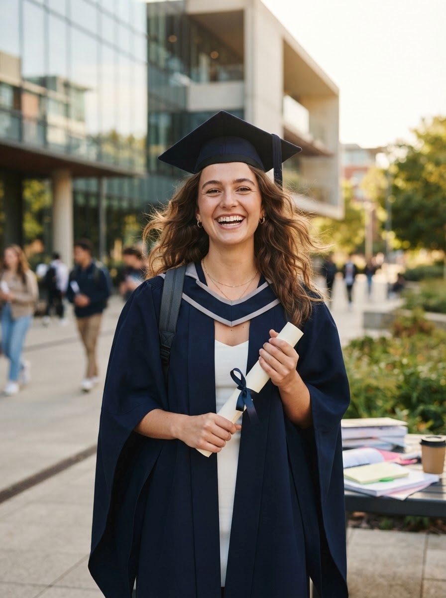 Zitate über Prüfung & Abschluss Ein lächelnder Absolvent in Talar und Doktorhut hält sein Diplom in der Hand, während er im Freien steht; im Hintergrund sind moderne Campusgebäude und Menschen zu sehen – ein Bild, das den Stolz und die Inspiration einfängt, die oft in Zitaten über Prüfungen und Abschlüsse zum Ausdruck kommen.