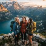 Zitate über Reisen, Abenteuer & Fernweh Drei Frauen in Wanderkleidung lachen gemeinsam auf einem Berggipfel, die Rucksäcke auf dem Rücken, und verkörpern „echtes Abenteuer & Fernweh“, während sie bei Sonnenuntergang unter einem farbenprächtigen Himmel auf einen blauen See und hohe, schneebedeckte Gipfel blicken. Ihr Lächeln fängt den Geist der „Zitate über Reisen“ ein – die Freude, die man auf jeder unvergesslichen Reise findet.
