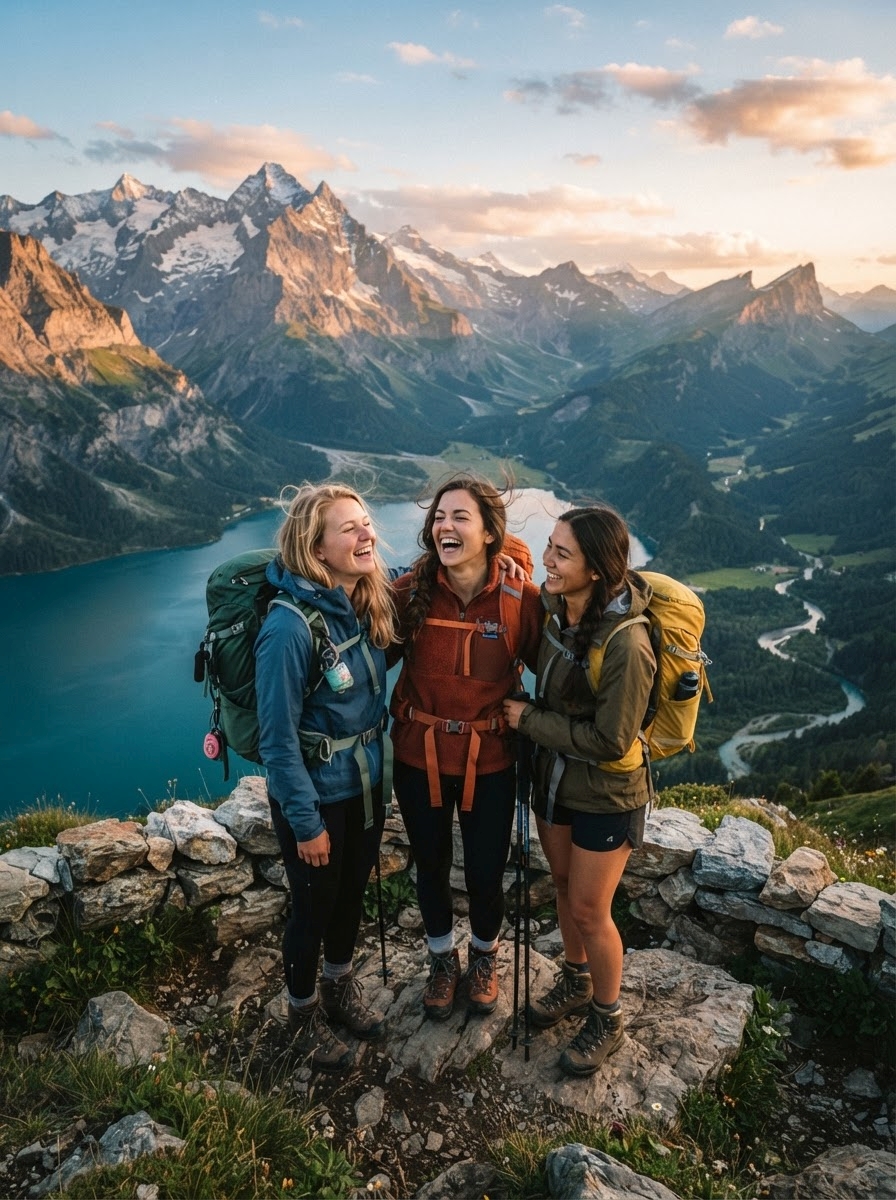 Zitate über Reisen, Abenteuer & Fernweh Drei Frauen in Wanderkleidung lachen gemeinsam auf einem Berggipfel, die Rucksäcke auf dem Rücken, und verkörpern „echtes Abenteuer & Fernweh“, während sie bei Sonnenuntergang unter einem farbenprächtigen Himmel auf einen blauen See und hohe, schneebedeckte Gipfel blicken. Ihr Lächeln fängt den Geist der „Zitate über Reisen“ ein – die Freude, die man auf jeder unvergesslichen Reise findet.