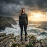 Zitate über Resilienz, Krisen, Mut & Tapferkeit Eine Frau in Outdoor-Kleidung steht auf felsigen Klippen am Meer, während unter ihr die Wellen brechen und im Hintergrund ein dramatischer, bewölkter Sonnenuntergang zu sehen ist – eine eindrucksvolle Szene, die an Zitate über Resilienz erinnert, da sie sich den Elementen stellt und Mut und Tapferkeit in Krisenzeiten verkörpert.
