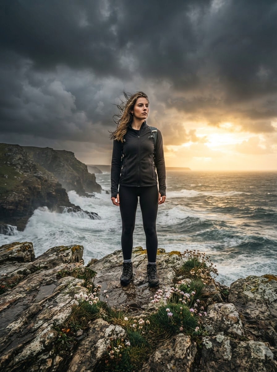 Zitate über Resilienz, Krisen, Mut & Tapferkeit Eine Frau in Outdoor-Kleidung steht auf felsigen Klippen am Meer, während unter ihr die Wellen brechen und im Hintergrund ein dramatischer, bewölkter Sonnenuntergang zu sehen ist – eine eindrucksvolle Szene, die an Zitate über Resilienz erinnert, da sie sich den Elementen stellt und Mut und Tapferkeit in Krisenzeiten verkörpert.