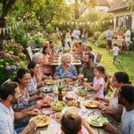 Zitate über Tanten, Onkel, Cousins & Cousinen Eine große Gruppe von Menschen genießt gemeinsam eine Mahlzeit an einem langen Tisch in einem sonnigen Garten hinter dem Haus, umgeben von festlicher Dekoration und mit spielenden Kindern im Hintergrund.