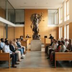 Zitate über Gerechtigkeit Ein Gerichtssaal mit zwei Reihen von Personen, die einander gegenüber sitzen, einer großen Justitia-Statue in der Mitte, die ⚖️ Zitate über Gerechtigkeit symbolisiert, und zwei Beamten an Schreibtischen im Hintergrund.