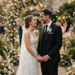 Zitate über Hochzeit & Verlobung Ein Brautpaar steht lächelnd Hand in Hand in einem mit Blumen und Lichtern geschmückten Garten. Im Hintergrund sind ein Blumenbogen und ein Steingebäude zu sehen. In der Ferne unterhalten sich die Gäste bei der Trauung im Freien, bei der herzliche Zitate über Hochzeit und Verlobung der Feier eine besondere Note verleihen.